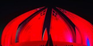 Beautiful Red Illumination at Pakistan Monument on Foundation Day of China