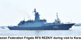 Russian Navy Flotilla, comprising frigates RFS REZKIY and RFS ALDAR TSYDENZHAPOV, along with medium sea tanker RFS PECHENGA, arrived in Karachi